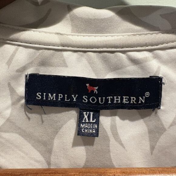 Simply Southern Polo Shirt Men Sz XL Gray Cream Floral Leaf Print Beach Resort - Picture 2 of 11